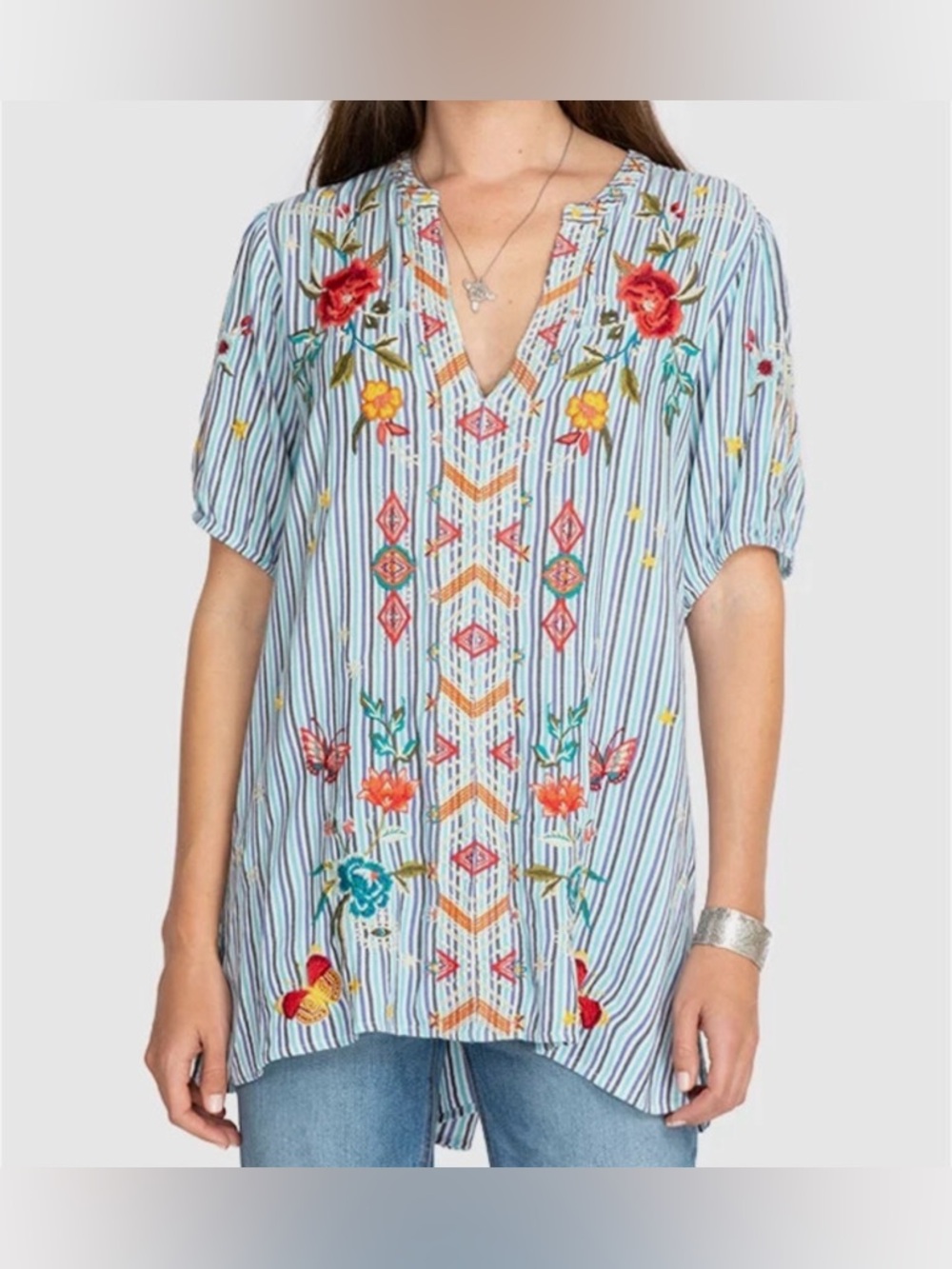 Johnny Was Embroidered Cara Puff Sleeve Effortless‎ Blue Stripe Floral Top Xs